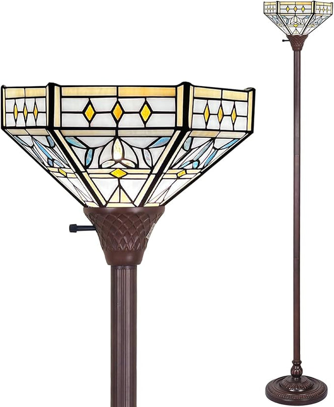 Capulina Tiffany Torchiere Floor Lamp 70 Inches Tall Industrial Dark Bronze Pole Mission Hexagon Virgin Style Stained Glass Torch Standing Light Decor for Living Room Bedroom Home Office - LeafyLoom