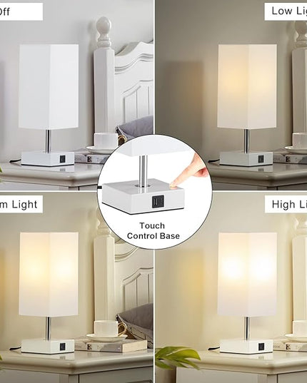 Ambimall White Table Lamp with USB Ports - 3 Way Touch Lamps Beside Desk, Nightstand Lamp for Bedrooms Living Room, White Shade with White Base, LED Bulb Included(White) - LeafyLoom