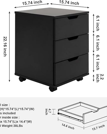 Farini 3-Drawer Vertical Filing Cabinet Rolling Wood Mobile File Cabinets Under Desk for Home Office with Casters (Black, Non-Assembled) - LeafyLoom