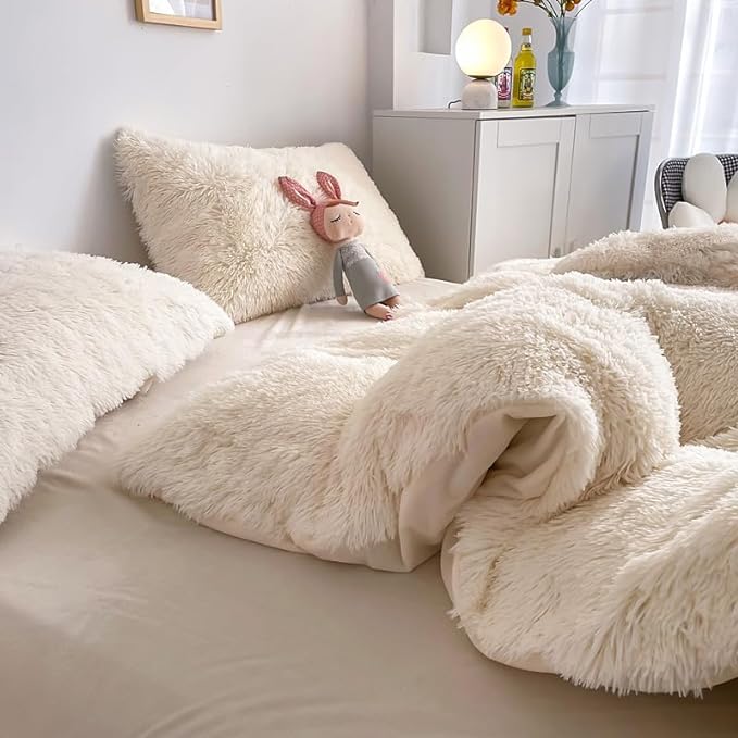 Faux Fur Kids Girls Milky White Comforter Sets Twin/Full - 3PC Bed Set Warm Comfortable Soft Plush Flannel Velvet Fluffy Fuzzy Bedding（Comforter x 1 Pillowcases x 2） - LeafyLoom