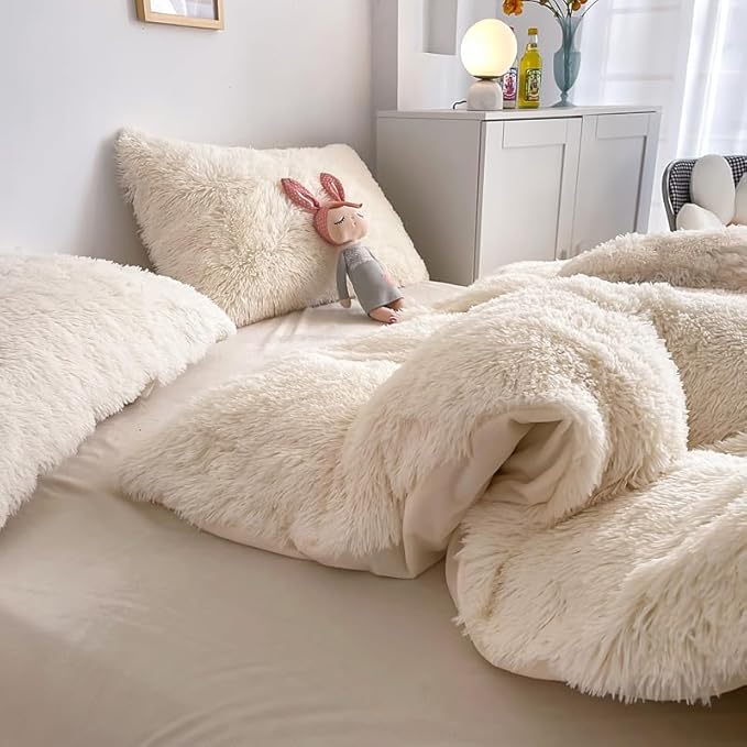 Faux Fur Kids Girls Milky White Comforter Sets Queen - 3PC Bed Set Warm Comfortable Soft Plush Flannel Velvet Fluffy Fuzzy Bedding（Comforter x 1 Pillowcases x 2） - LeafyLoom