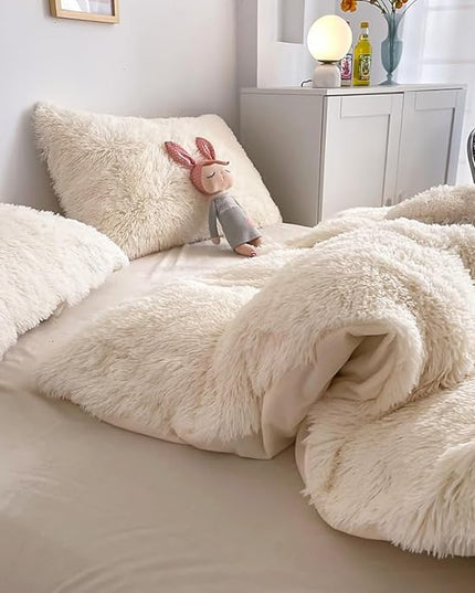 Faux Fur Kids Girls Milky White Comforter Sets King - 3PC Bed Set Warm Comfortable Soft Plush Flannel Velvet Fluffy Fuzzy Bedding（Comforter x 1 Pillowcases x 2） - LeafyLoom