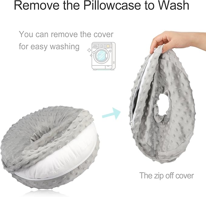 Washable Ear Piercing Pillow with Removable Pillowcase Donut Pillows Hole for Ear Pain Relief CNH Sleeping Pressure Sore Side Sleepers Ear Guard Protector, Minky Dot Gray Cover - LeafyLoom