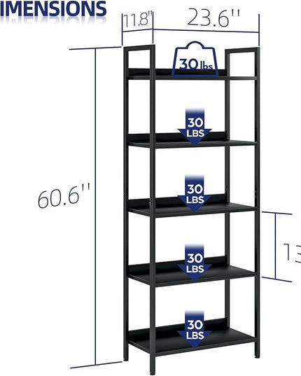 NUMENN Bookshelf, 5 Tier Bookshelves, Home Office Bookcase Shelf Storage Organizer, Free Standing Storage Shelving Unit for Bedroom, Living Room and Home Office, Black - LeafyLoom