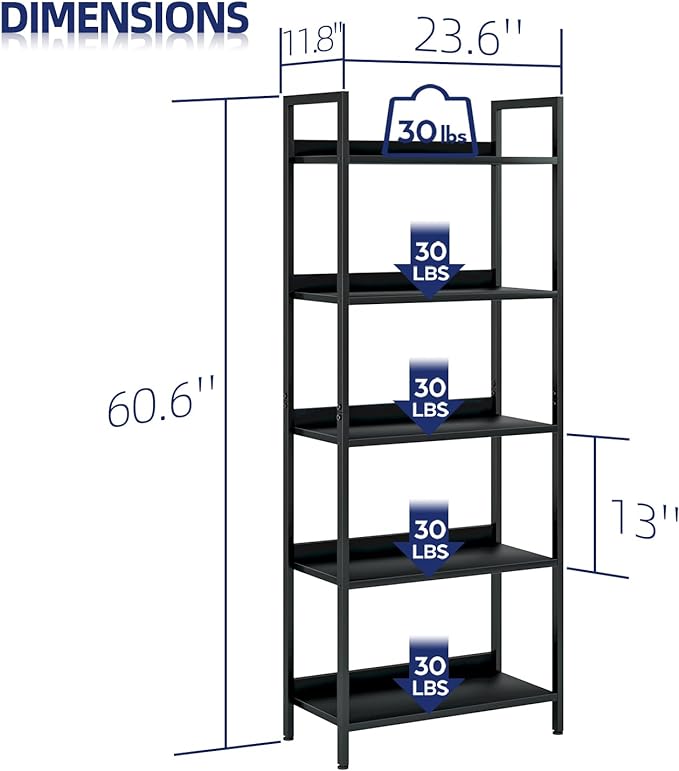 NUMENN Bookshelf, 5 Tier Bookshelves, Home Office Bookcase Shelf Storage Organizer, Free Standing Storage Shelving Unit for Bedroom, Living Room and Home Office, Black - LeafyLoom