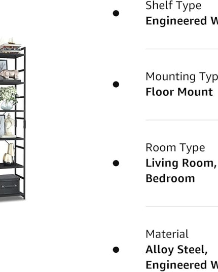 NUMENN 6 Tier Bookshelf, Tall Bookcase Shelf Storage Organizer, Modern Book Shelf for Bedroom, Living Room and Home Office, Black - LeafyLoom