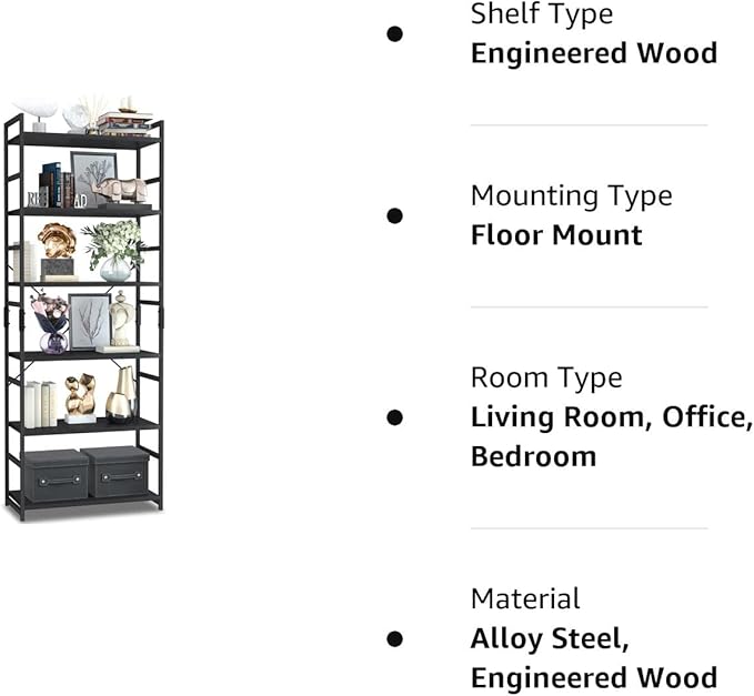 NUMENN 6 Tier Bookshelf, Tall Bookcase Shelf Storage Organizer, Modern Book Shelf for Bedroom, Living Room and Home Office, Black - LeafyLoom
