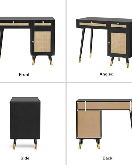 Anmytek Rattan Vanity Desk with Drawers and Storage, Black Makeup Vanity Table Modern Home Office Desk Computer Desk for Study D0005 - LeafyLoom