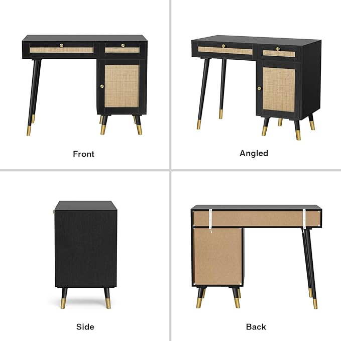 Anmytek Rattan Vanity Desk with Drawers and Storage, Black Makeup Vanity Table Modern Home Office Desk Computer Desk for Study D0005 - LeafyLoom
