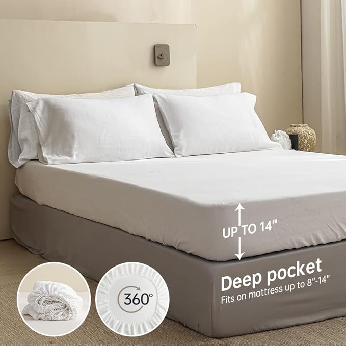 Simple&Opulence 100% Linen Sheet Set Solid Color- 6 Pcs Washed French Flax Bed Sheets (1 Flat Sheet, 1 Fitted Sheet, 4 Pillowcases) - Breathable Home Collection (Basic White, King) - LeafyLoom