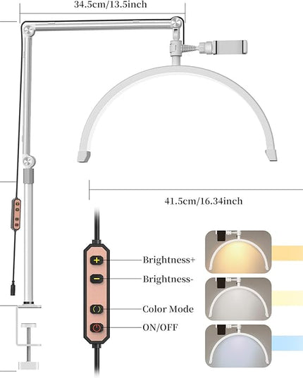 Half Moon Lash Light for Eyelash Extensions, Half Moon Lash Lamp with Phone Holder for Makeup, Nail, Facial, Tattoo - Dimmable Eyelash Lamp & Color Temperature 3000K-6000K - LeafyLoom