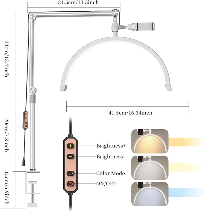 Half Moon Lash Light for Eyelash Extensions, Half Moon Lash Lamp with Phone Holder for Makeup, Nail, Facial, Tattoo - Dimmable Eyelash Lamp & Color Temperature 3000K-6000K - LeafyLoom
