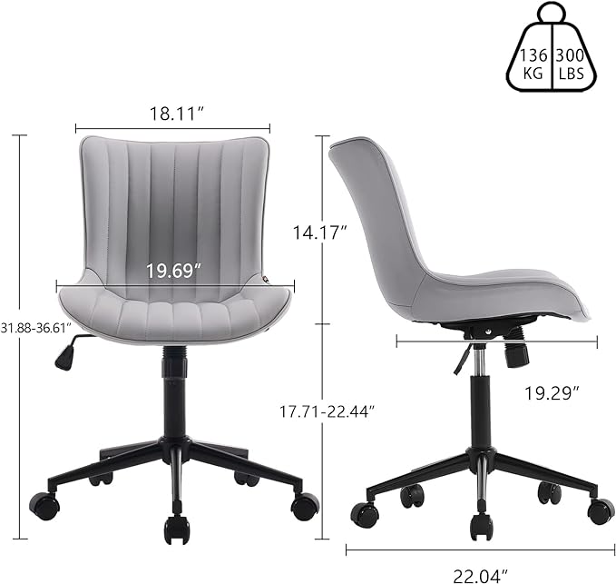 YOUNIKE Armless Office Chair with Wheels Swivel Rolling Computer Chair, Upholstered Leather Desk Chair, Modern Adjustable Rolling Task Chair, Grey - LeafyLoom