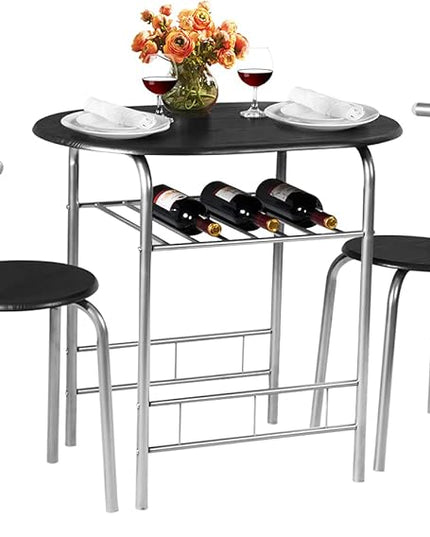 DORTALA 3PCS Dining Table Set, 1 table & 2 chairs set, 3 Piece Compact Dining Set, Oval Table & Mid-back Chairs w/Built-in Wine Rack, Suitable for Small Space, Black & Silver - LeafyLoom