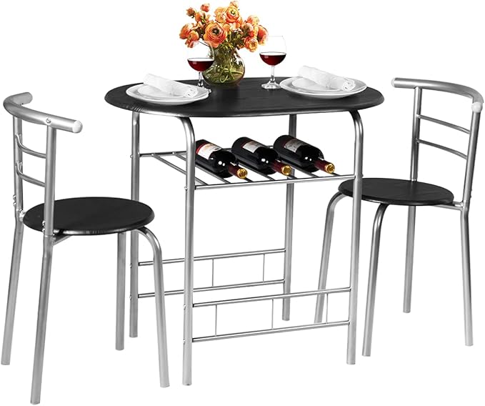DORTALA 3PCS Dining Table Set, 1 table & 2 chairs set, 3 Piece Compact Dining Set, Oval Table & Mid-back Chairs w/Built-in Wine Rack, Suitable for Small Space, Black & Silver - LeafyLoom