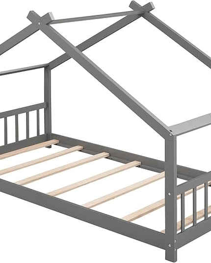 Kids Montessori Floor Bed Twin Size, Twin Floor Bed Frame with Headboard, Footboard and Slats, Wood Montessori Bed Twin Size/House Floor Bed for Kids, Girls, Boys, Gray Floor Bed - LeafyLoom