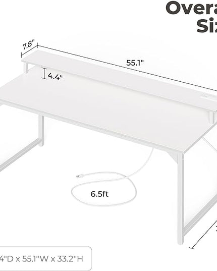 SUPERJARE 55 inch Computer Desk with LED Lights & Power Outlets, Gaming Desk with Monitor Shelf, Small Office Desk for Home & Office, White - LeafyLoom