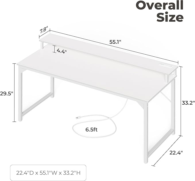 SUPERJARE 55 inch Computer Desk with LED Lights & Power Outlets, Gaming Desk with Monitor Shelf, Small Office Desk for Home & Office, White - LeafyLoom