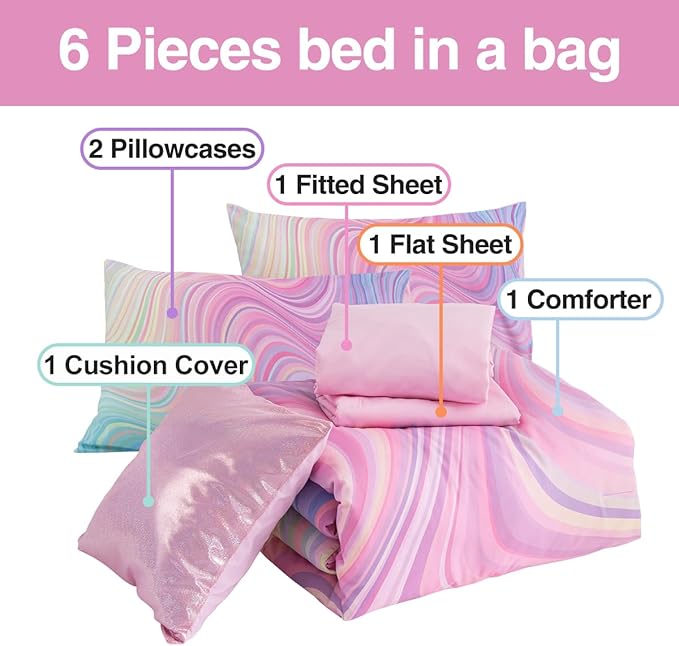Btargot Super Soft 6 Pieces Gradient Wavy Line Comforter Set, Colorful Glitter Rainbow Star Pattern Bedding Set for Boys Girls Teens, Twin Pink Green - LeafyLoom