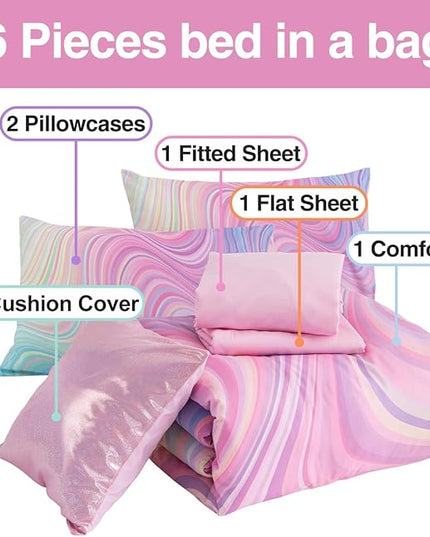 Btargot Super Soft 6 Pieces Gradient Wavy Line Comforter Set, Colorful Glitter Rainbow Star Pattern Bedding Set for Boys Girls Teens, Queen Pink Green - LeafyLoom