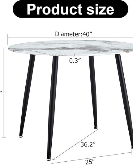 NicBex Modern Round Minimalist Circular Dining Table with A Diameter of 40 Inches, a 0.3 Inch Thick White Imitation Marble Pattern Tabletop and Black Metal Legs, White - LeafyLoom