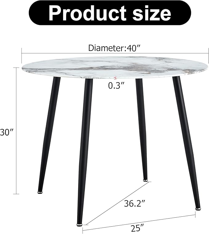 NicBex Modern Round Minimalist Circular Dining Table with A Diameter of 40 Inches, a 0.3 Inch Thick White Imitation Marble Pattern Tabletop and Black Metal Legs, White - LeafyLoom