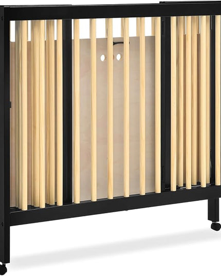 Delta Children Mia Portable Folding Mini Crib with 1.5-Inch Mattress - Greenguard Gold Certified, Ebony Black/Natural - LeafyLoom