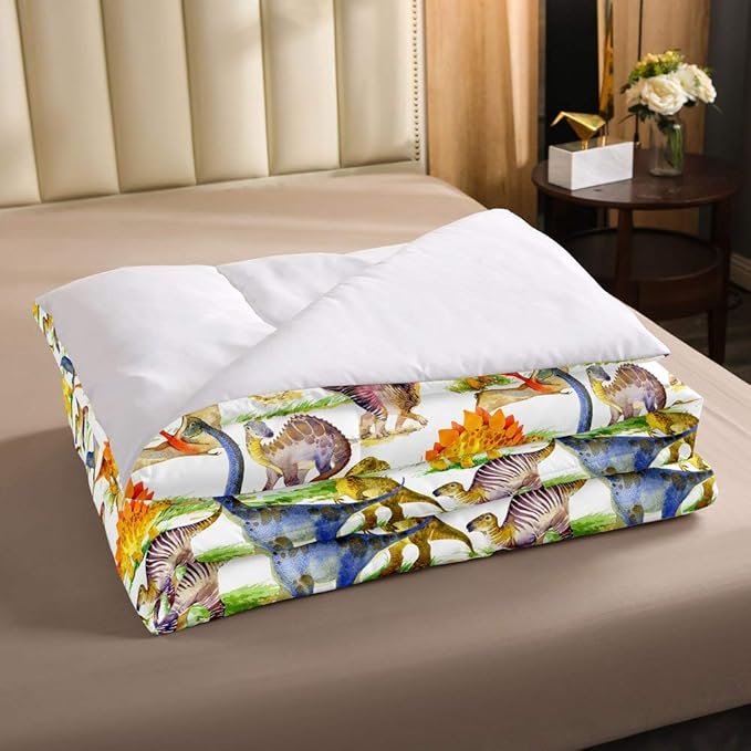 Erosebridal Dinosaur Comforter Set Kawaii Dino Bedding Set for Kids Girls Boys Teens Bedroom Decor, Retro Animal Duvet Insert Watercolor Wildlife Soft Microfiber Quilt with 1 Pillow Case, Twin - LeafyLoom