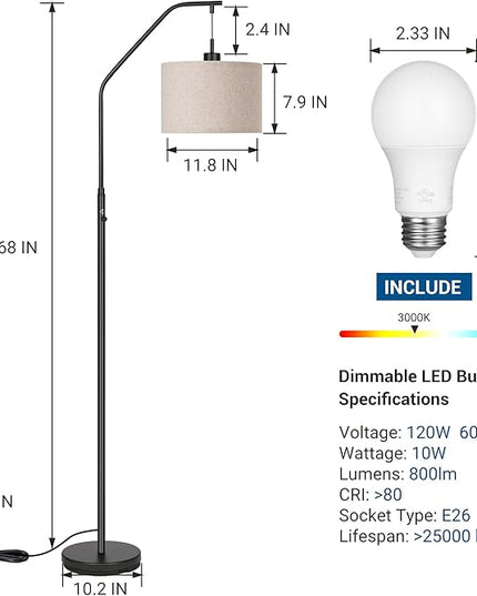 DEWENWILS Black Dimmable Arched Floor Lamp, Stepless Dimmable Corner Lamp with Hanging Lampshade, Standing Tall Arc Lamps for Living Room Corner, Bedroom, Office, LED Bulb Included - LeafyLoom