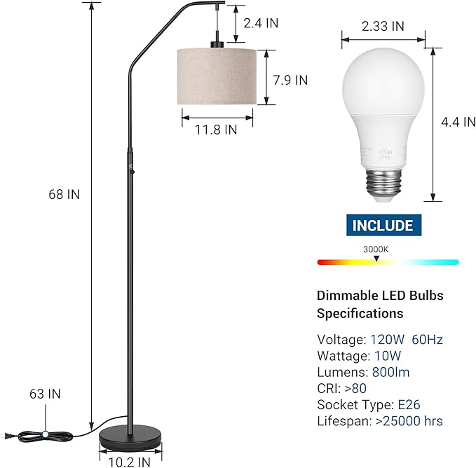 DEWENWILS Black Dimmable Arched Floor Lamp, Stepless Dimmable Corner Lamp with Hanging Lampshade, Standing Tall Arc Lamps for Living Room Corner, Bedroom, Office, LED Bulb Included - LeafyLoom