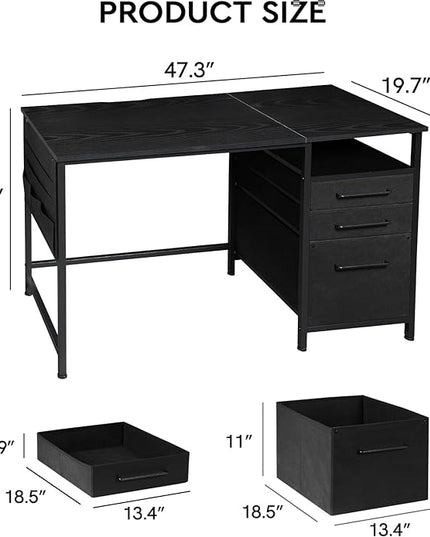 Ｍａｉｈａｉｌ Maihail Small Desk with Drawers, 47 inch Computer Desk with Shelves, Writing Desk with Storage, Small Office Desk with Metal Frame, Black - LeafyLoom