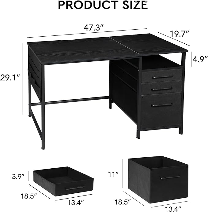 Ｍａｉｈａｉｌ Maihail Small Desk with Drawers, 47 inch Computer Desk with Shelves, Writing Desk with Storage, Small Office Desk with Metal Frame, Black - LeafyLoom