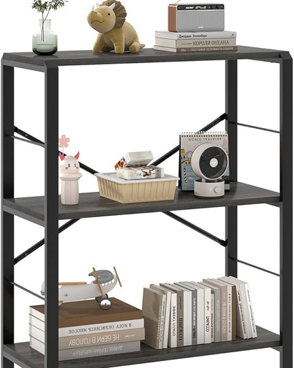 FOLUBAN Industrial Small Bookshelf, 3 Tier Low Short Book Shelf, Metal and Wood BookCase for Small Spaces, Bedroom Living Room, Dark Gray - LeafyLoom