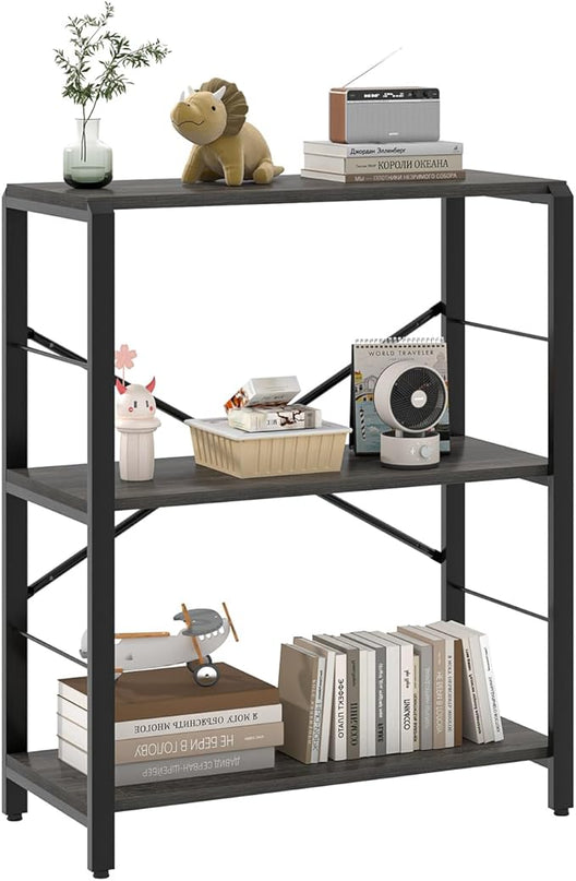 FOLUBAN Industrial Small Bookshelf, 3 Tier Low Short Book Shelf, Metal and Wood BookCase for Small Spaces, Bedroom Living Room, Dark Gray - LeafyLoom