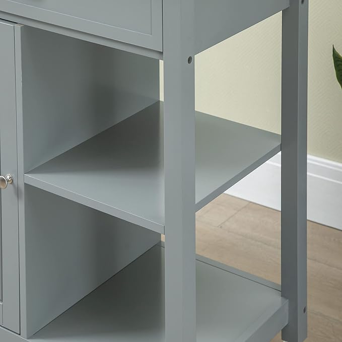 HOMCOM Kitchen Island Cart, Rolling Kitchen Island with Storage Shelf, Solid Wood Top, Drawer, for Dining Room, Gray - LeafyLoom