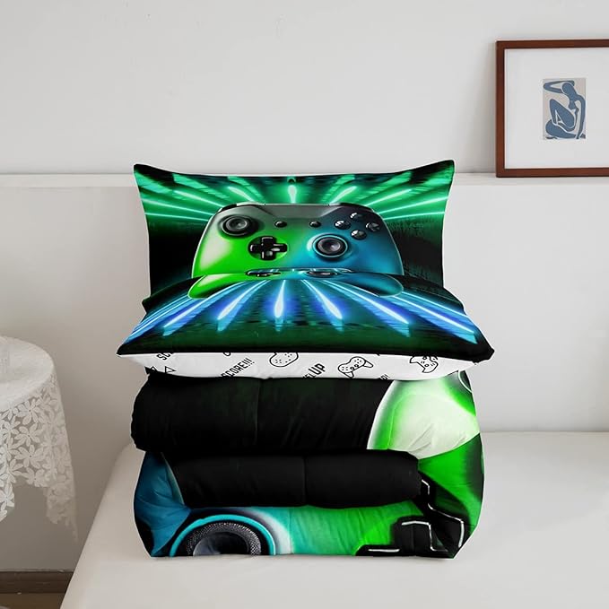 Erosebridal Green Blue Gamepad Comforter Set, Game Player Bedding Set Full Size Modern Gamer Gaming Quilted Duvet Neon Trippy Duvet Set for Kids Boys Girls Teens Young Man Room Decorative - LeafyLoom