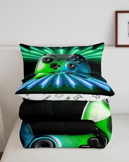 Erosebridal Green Blue Gamepad Comforter Set, Game Player Bedding Set King Size Modern Gamer Gaming Quilted Duvet Neon Trippy Duvet Set for Kids Boys Girls Teens Young Man Room Decorative - LeafyLoom