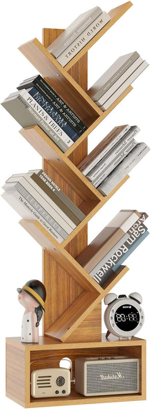 YMYNY 6 Tier Tree Bookshelf, Tall Bookcase, Wood Book Storage Rack with Drawer, Modern Floor Standing Book Shelf for Books/Movies/CDs, Utility Organizer for Living Room, Home Office, Natural UHBC016N - LeafyLoom