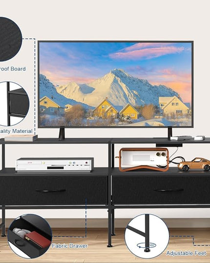 HEOMU Industrial TV Stand for 50 Inch Television Cabinet 3-Tier Console Table with Fabric Drawer, Entertainment Center Media Console Metal Frame for Living Room, Bedroom, Black - LeafyLoom