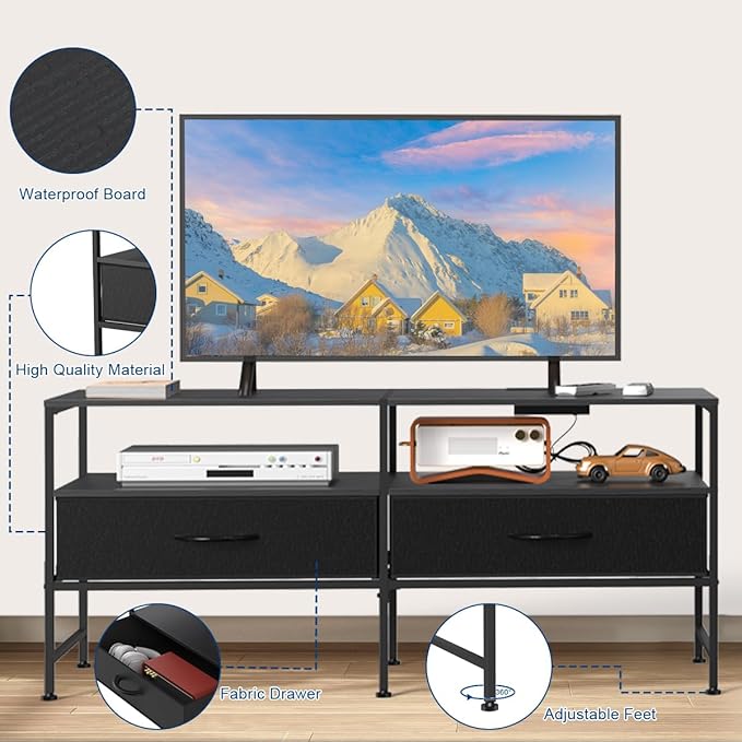 HEOMU Industrial TV Stand for 50 Inch Television Cabinet 3-Tier Console Table with Fabric Drawer, Entertainment Center Media Console Metal Frame for Living Room, Bedroom, Black - LeafyLoom