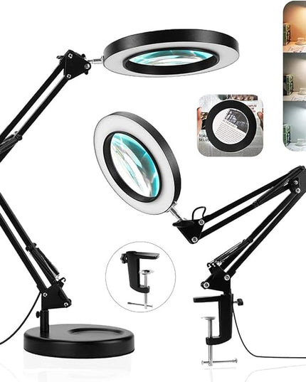 Magnifying Glass with Light and Stand - 2-in-1 Stepless Dimmable LED Magnifying Desk Lamp with Clamp - 3 Color Modes Lighted Magnifier Lens Swivel Arm Light for Reading, Craft, Close Works - LeafyLoom