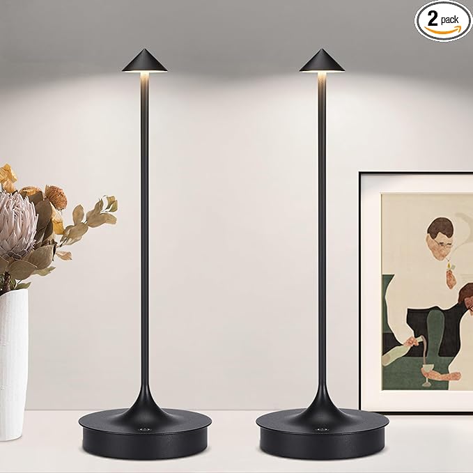 Set of 2 Cordless Table Lamp Rechargeable, Battery Operated Desk Lamp, 4000mAh LED Touch Lamp, Dimmable Portable Outdoor Waterproof Wireless Table Light for Restaurants/Bars/Outdoor(Black) - LeafyLoom