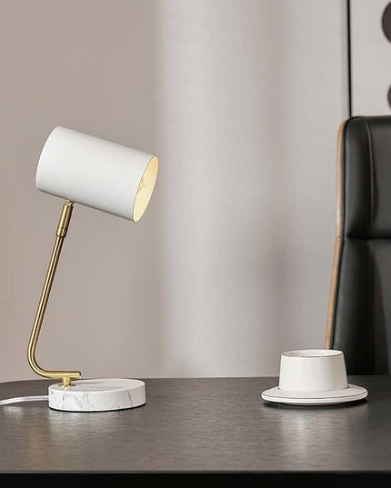 Globe Electric Novogratz x 65784 Athena 15" Desk Lamp, White Shade, Brass Arm, White Faux Marble Base - LeafyLoom