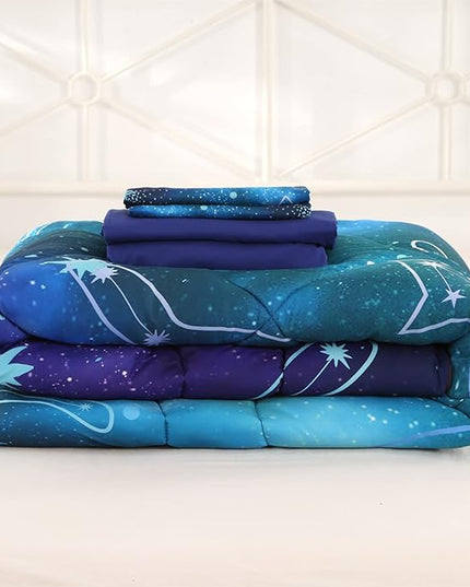 Wowelife 5 Piece Galaxy Space Cat Bedding Comforter Set Queen Constellation Bedding Set Blue Kids Bedding Set Bed in a Bag for Boys and Girls with Comforter, Flat Sheet, Fitted Sheet and 2 Pillowcases - LeafyLoom