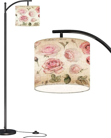 Modern Arc Floor Lamp with Dimmer Mid Century Set watercolor elements rose collection garden wild flowers leaves Metal Standing Lamp with Linen Shade Footswitch for Living Room Bedroom Office - LeafyLoom