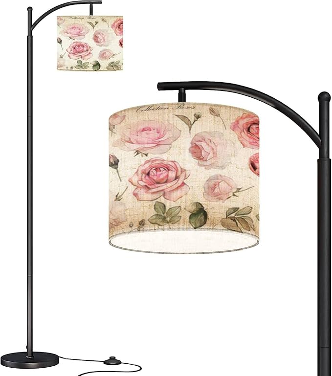 Modern Arc Floor Lamp with Dimmer Mid Century Set watercolor elements rose collection garden wild flowers leaves Metal Standing Lamp with Linen Shade Footswitch for Living Room Bedroom Office - LeafyLoom