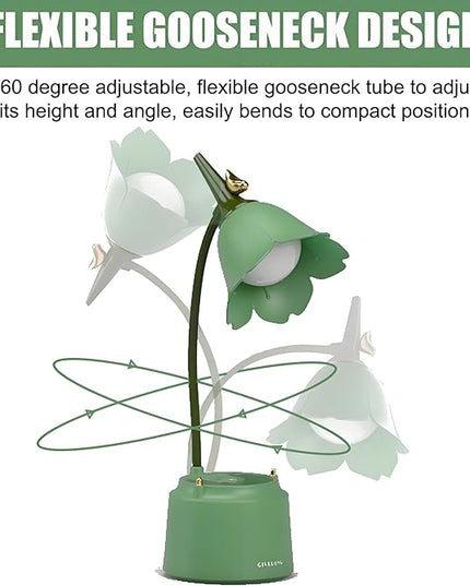 Cute LED Desk Lamp Kawaii Desk Accessories, Flower Bird Table lamp USB Rechargeable, 3 Color Modes, Stepless Dimming, Touch-Sensitive Switch Kawaii Room Decor Lamp, Eye Caring Reading Lamp (Green) - LeafyLoom