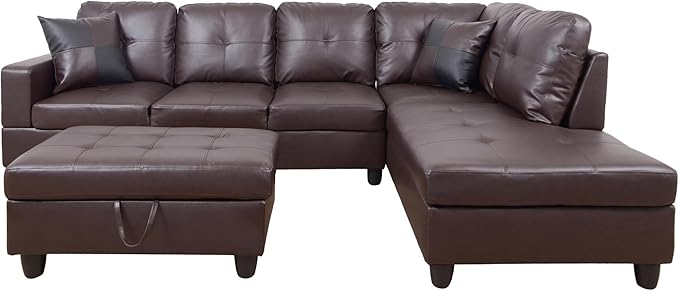 ROOMTEC Button L Shape 3 Piece Sectional Sofa Set, Upholstered Corner Couch with Storage Ottoman, Faux Leather Tufted Cushions, for Living Room, Apartment, 103inch, Deer Brown w/Right Chaise Lounge - LeafyLoom
