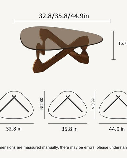 Triangle Coffee Table Glass Coffee Table for Living Room Clear Glass Coffee Table with Solid Wood Base Mid Century Modern Coffee Table for Small Spaces (Walnut-Brown, 44.9in) - LeafyLoom