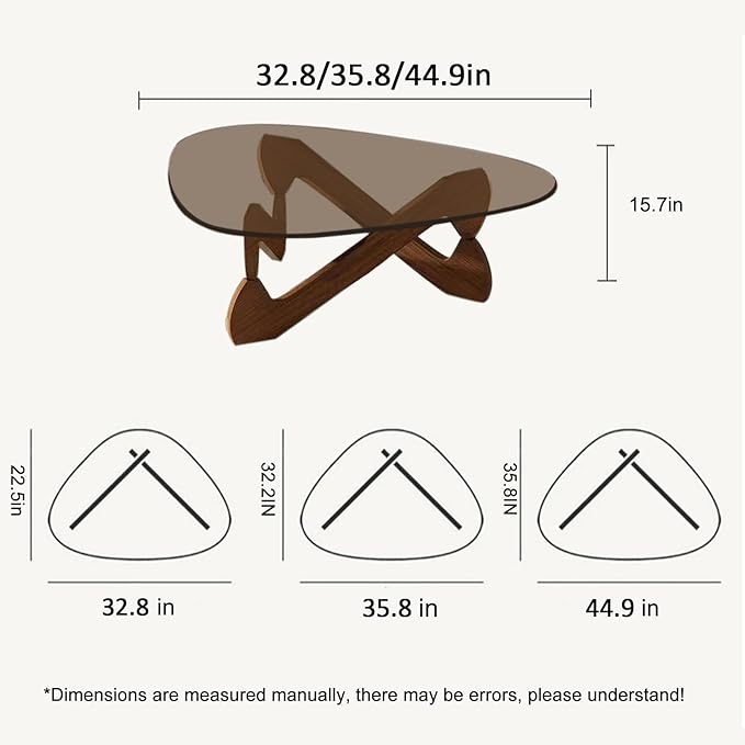 Triangle Coffee Table Glass Coffee Table for Living Room Clear Glass Coffee Table with Solid Wood Base Mid Century Modern Coffee Table for Small Spaces (Walnut-Brown, 44.9in) - LeafyLoom